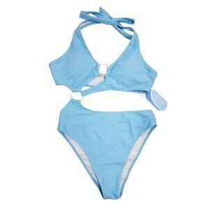One-Shoulder Cutout Sky Blue Bikini Set Gold Ring Womens Swimwear Size S